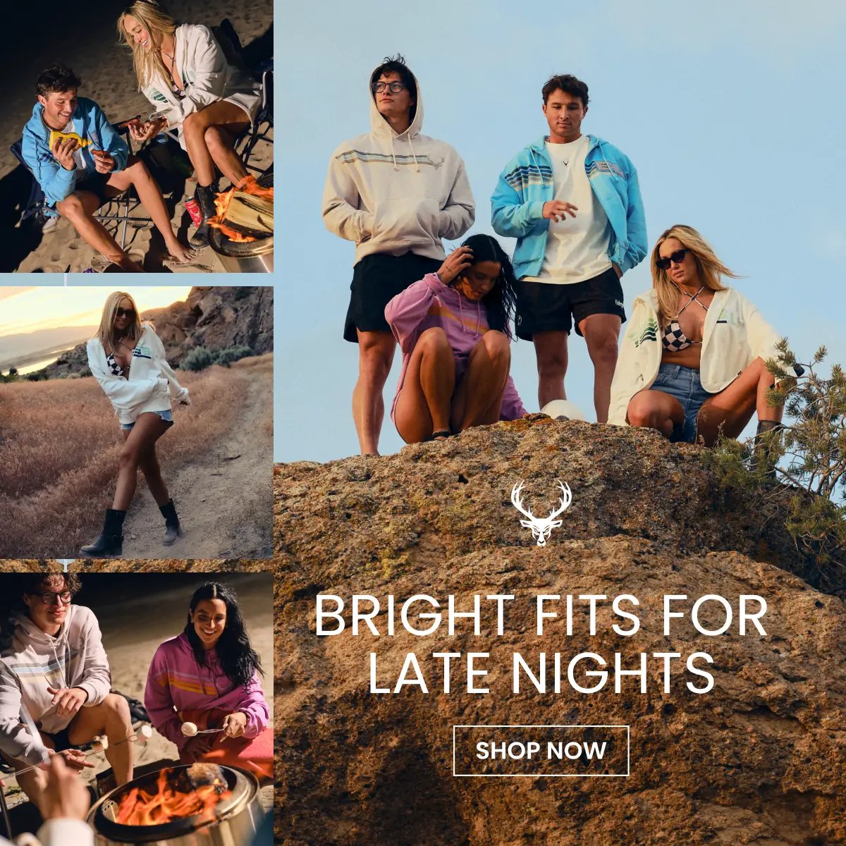 Summer Nights Text Reads "Bright Fits For Late Nights" Button Reads "Shop Now"