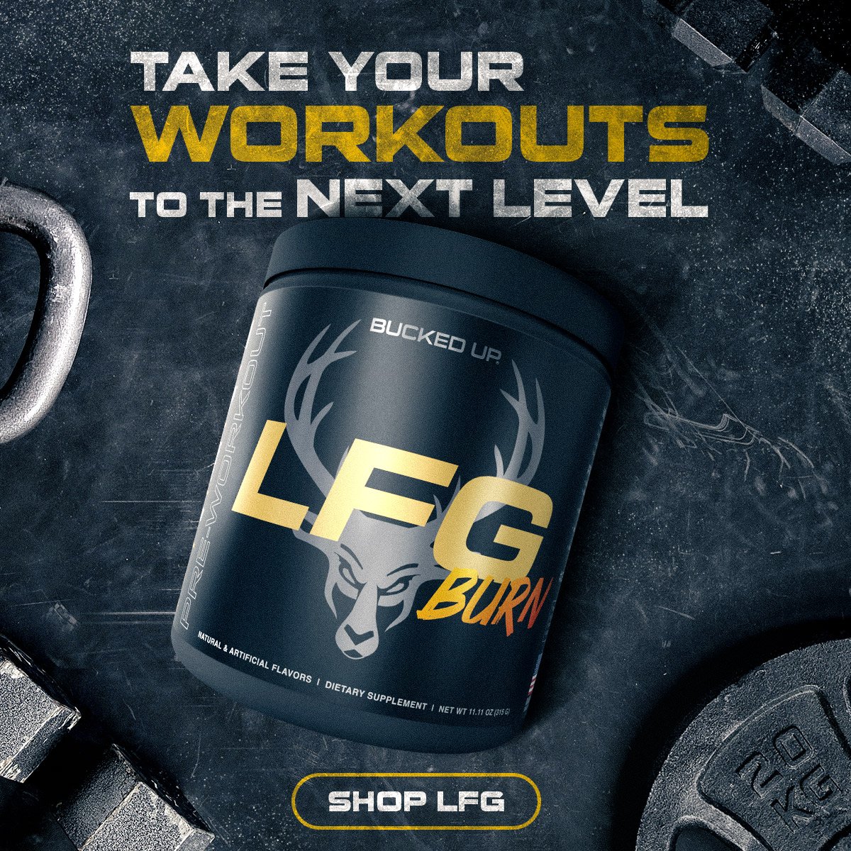 LFG Banner Text reads "Take your workouts to the next level" Button Reads "Shop LFG"