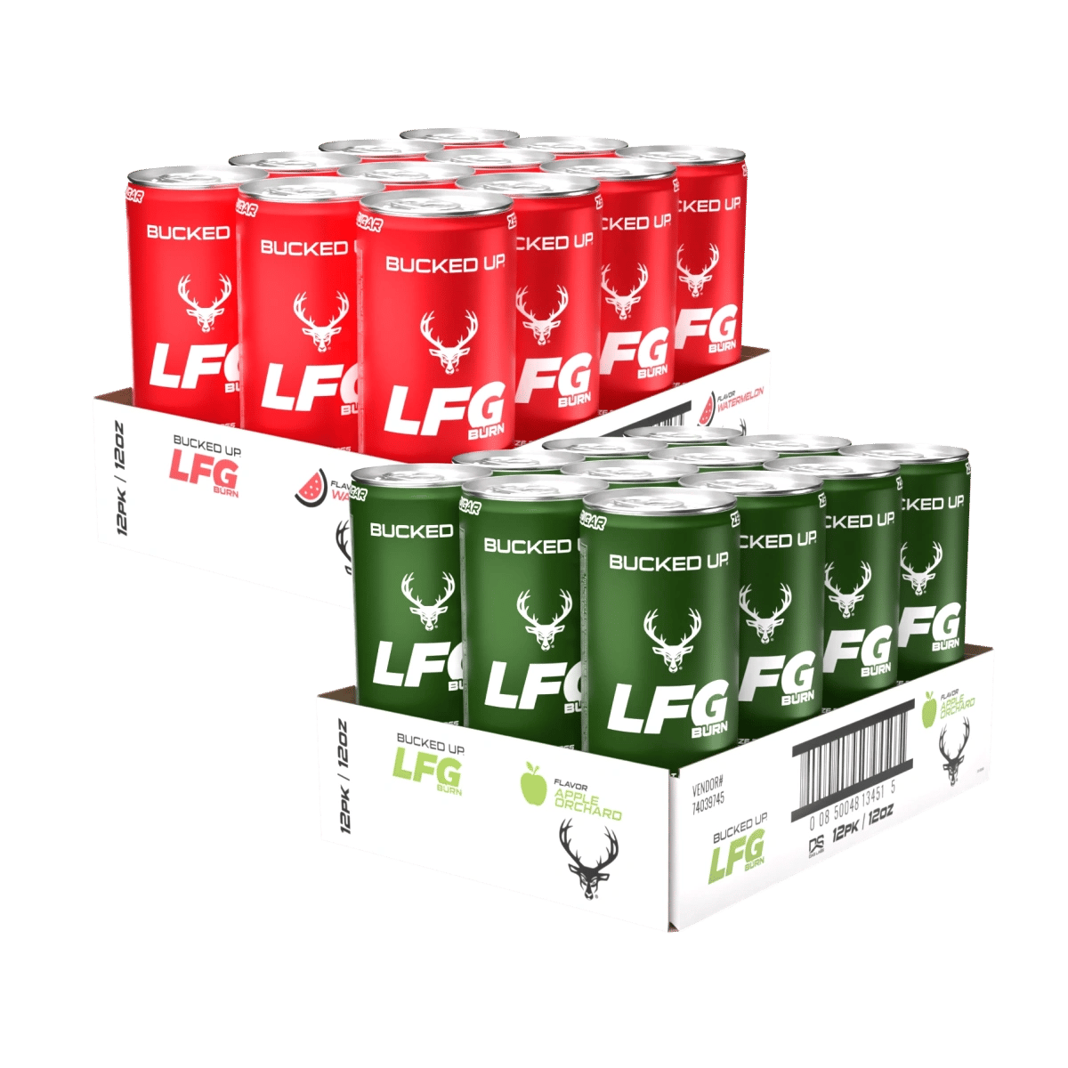 A pack of twelve green cans of LFG Burn energy drink arranged in a 3x4 grid inside a white cardboard tray with branding and product information. The cans feature a white logo of a deer's head with antlers, the text 'BUCKED UP' at the top, and 'LFG BURN' in bold white and green letters. The tray displays the flavor 'Apple Orchard' with a green apple icon, barcode, and other product details, set against a plain white background. The cans are metallic with a glossy finish, and the lighting highlights their reflective surfaces, creating subtle shadows and highlights.
