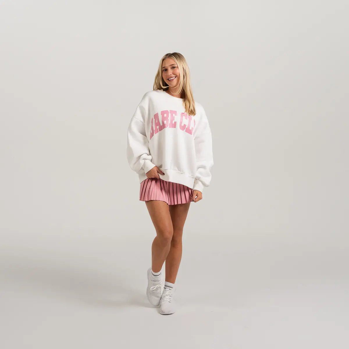 Image of Babe Club Crewneck - Oversized Crewneck Sweater - Color - White - Blush Logo