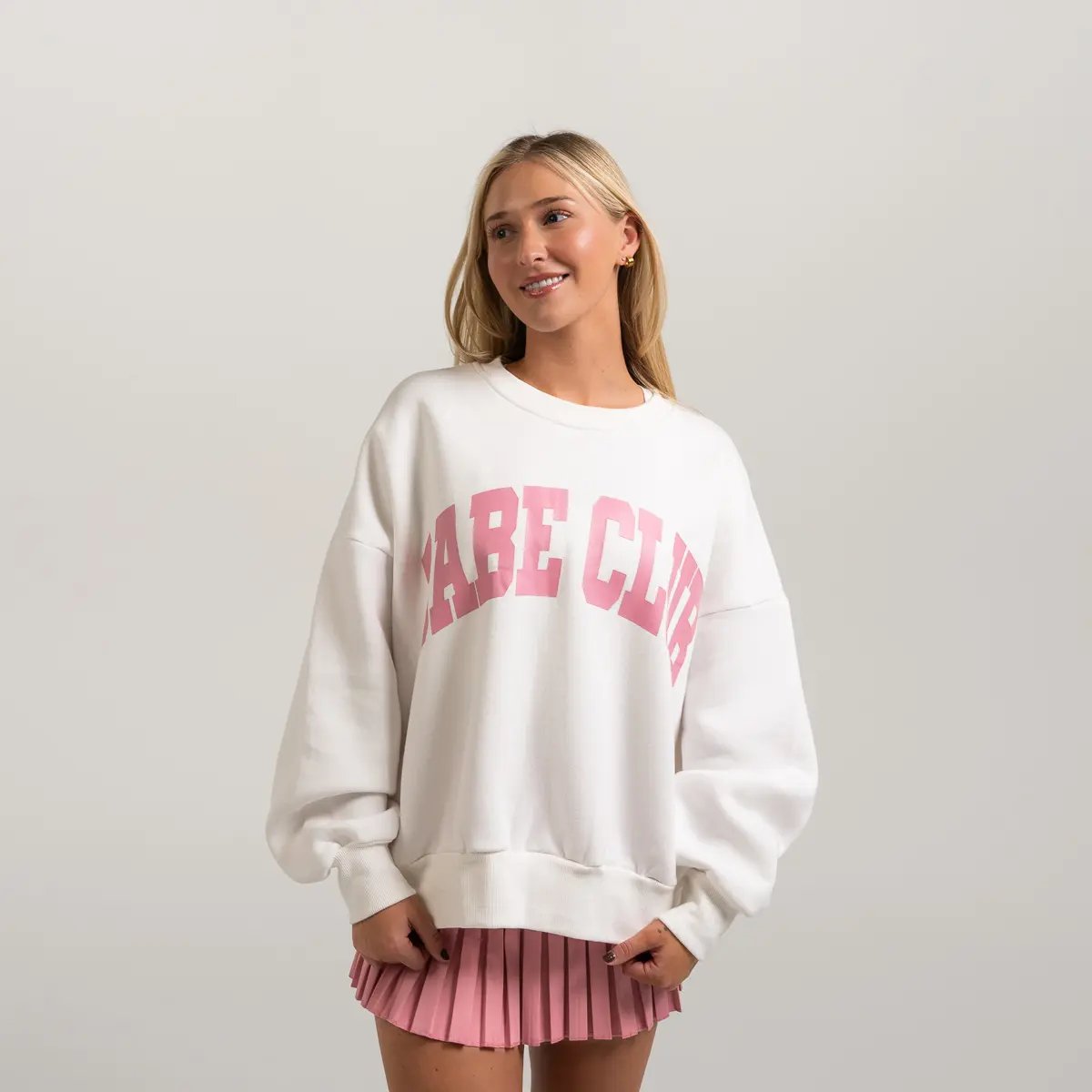 Image of Babe Club Crewneck - Oversized Crewneck Sweater - Color - White - Blush Logo