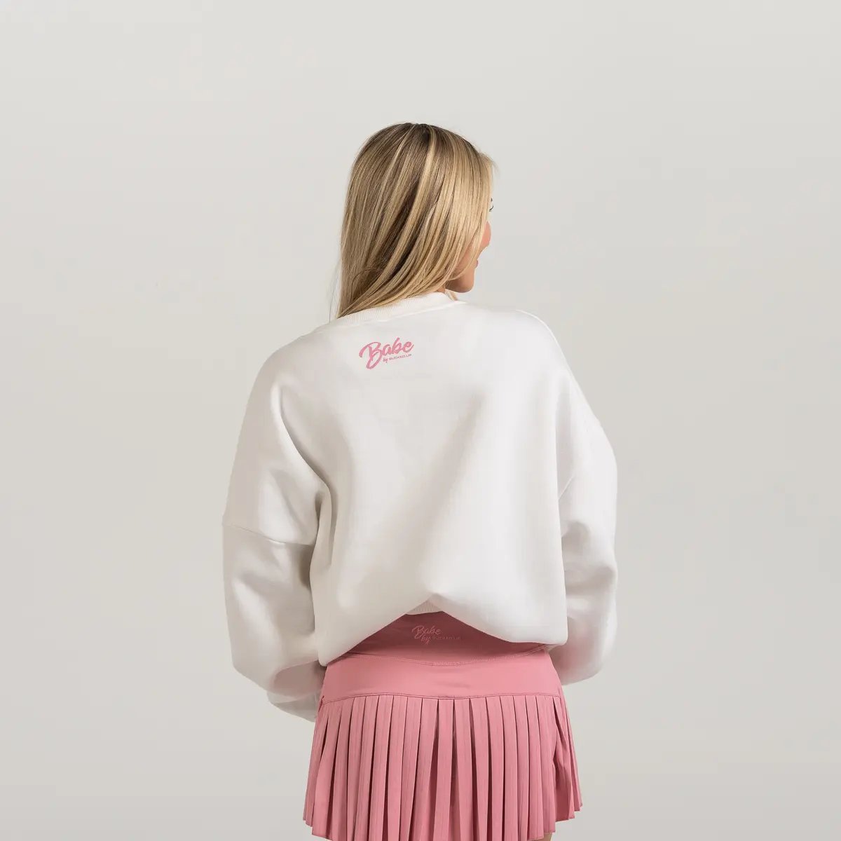 Image of Babe Club Crewneck - Oversized Crewneck Sweater - Color - White - Blush Logo