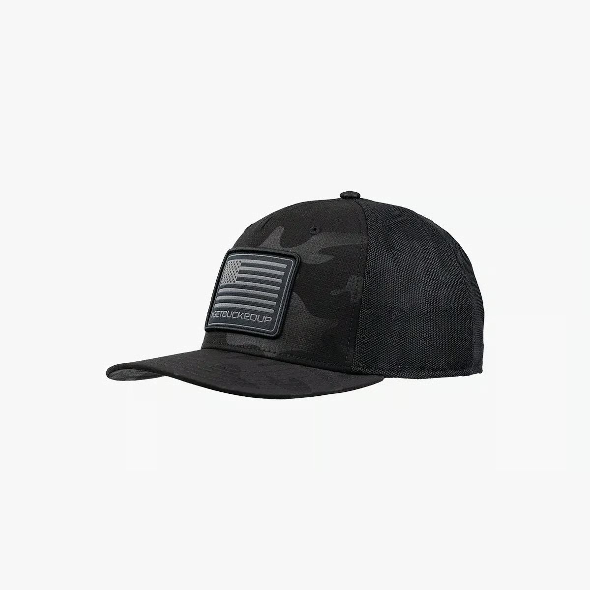 Image of Freedom Trucker Hat - Color - All Black Camo/Black Mesh - Flag Logo