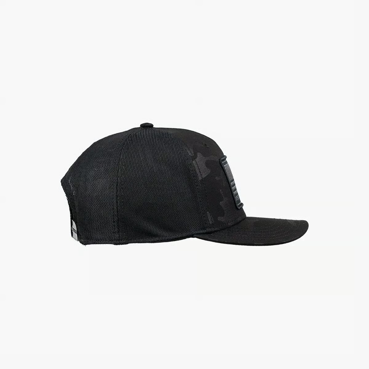 Image of Freedom Trucker Hat - Color - All Black Camo/Black Mesh - Flag Logo