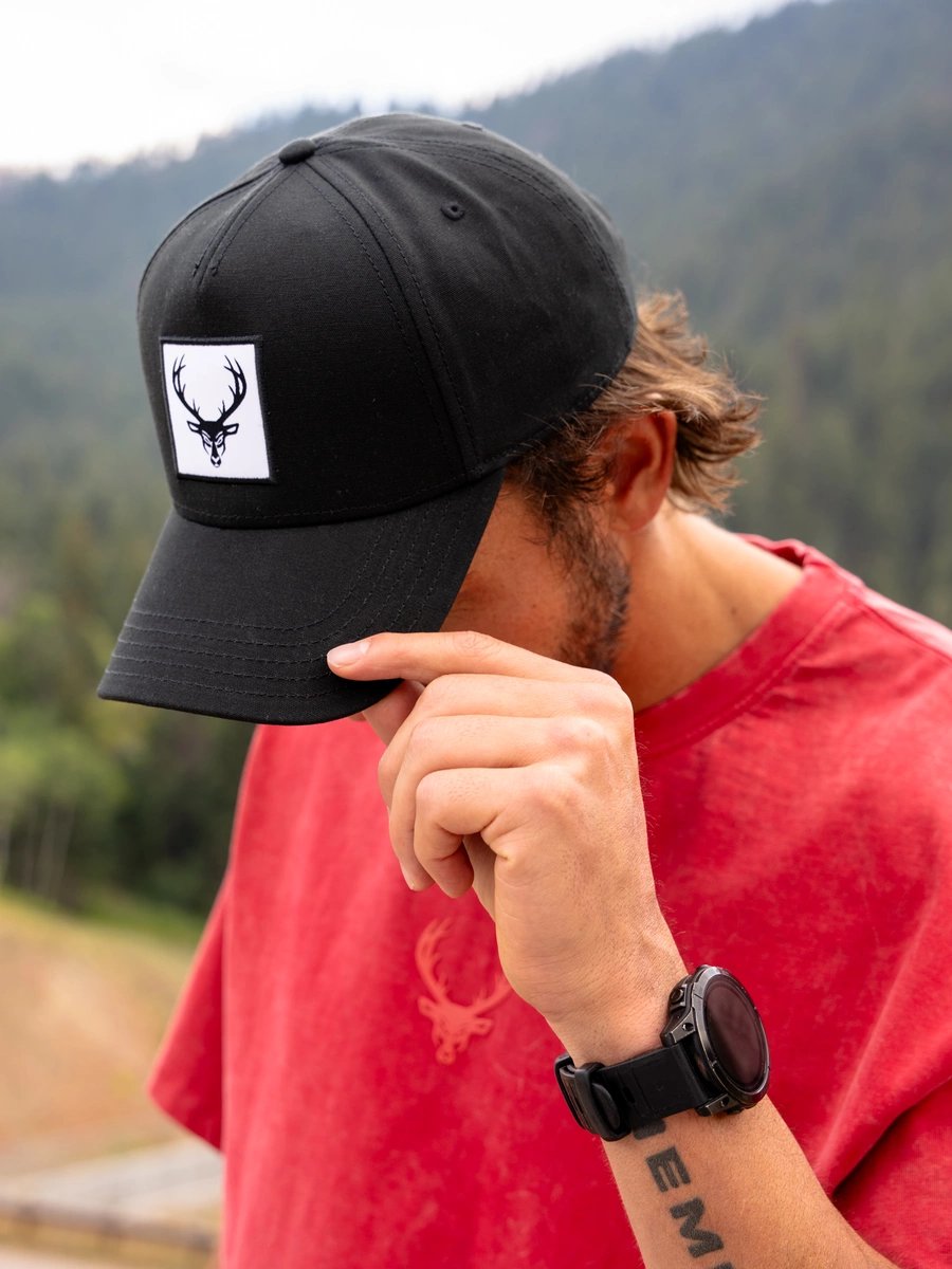 Image of Buck 5-Panel Mid Profile Baseball Hat - Color - Black / Black Logo