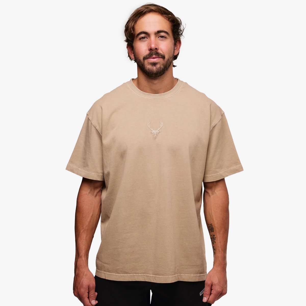 Image of Heavyweight Pump Cover T-Shirt | Last Chance! - Color - Warm Oat / Tan Logo - 12 / 15