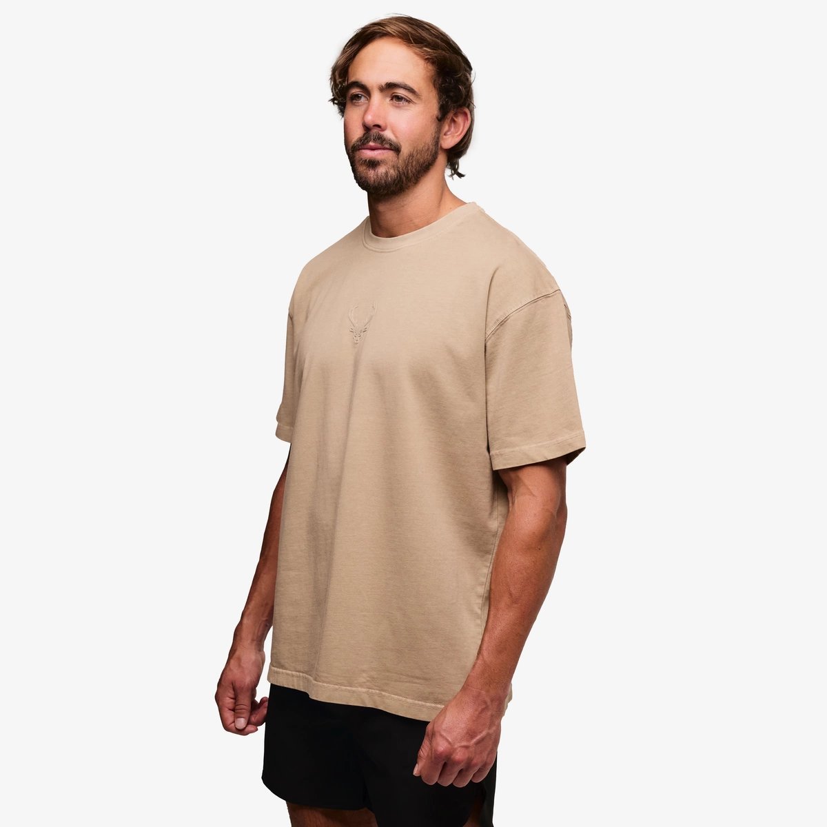 Image of Heavyweight Pump Cover T-Shirt | Last Chance! - Color - Warm Oat / Tan Logo - 11 / 15