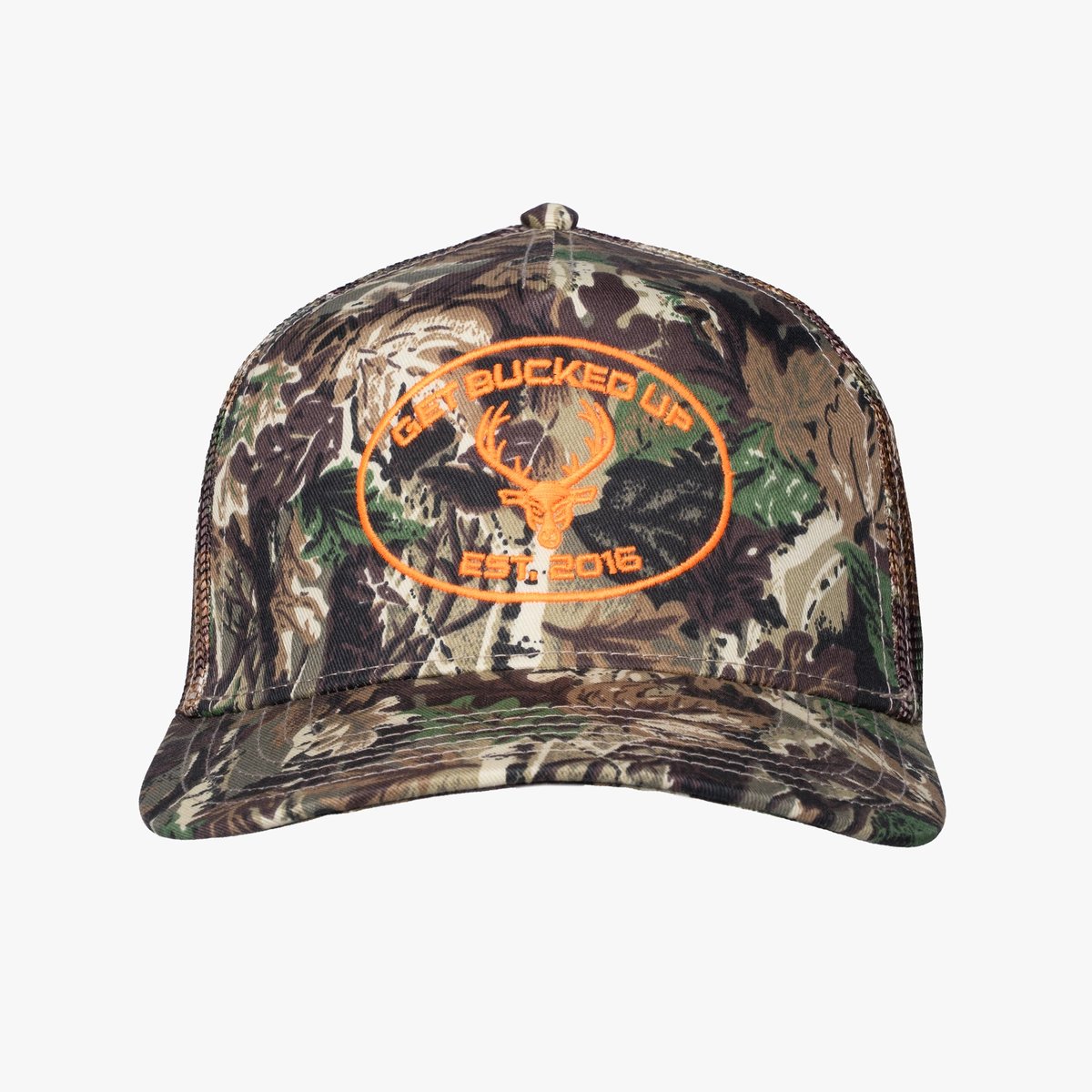 Image of Trucker Hat - Camo - Color - Green Camo - Orange Embroidered Logo