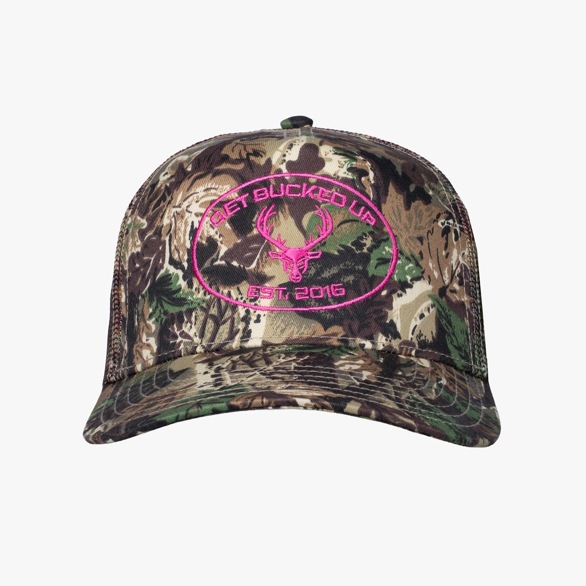 Image of Trucker Hat - Camo - Color - Green Camo - Pink Embroidered Logo - 7 / 14