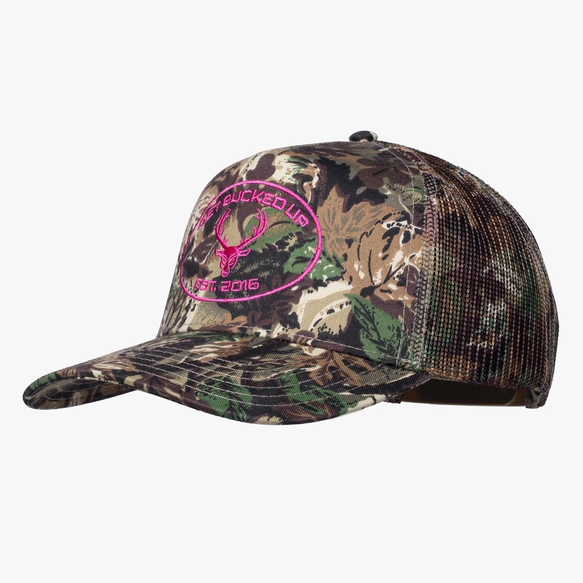 Image of Trucker Hat - Camo - Color - Green Camo - Pink Embroidered Logo - 6 / 14