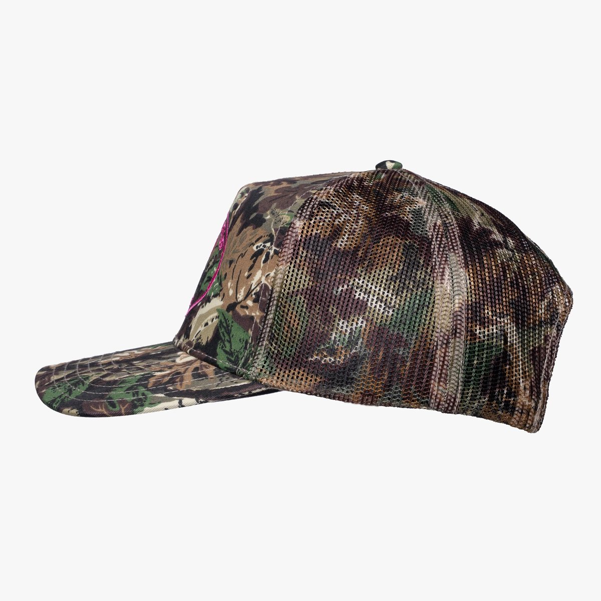 Image of Trucker Hat - Camo - Color - Green Camo - Pink Embroidered Logo - 8 / 14
