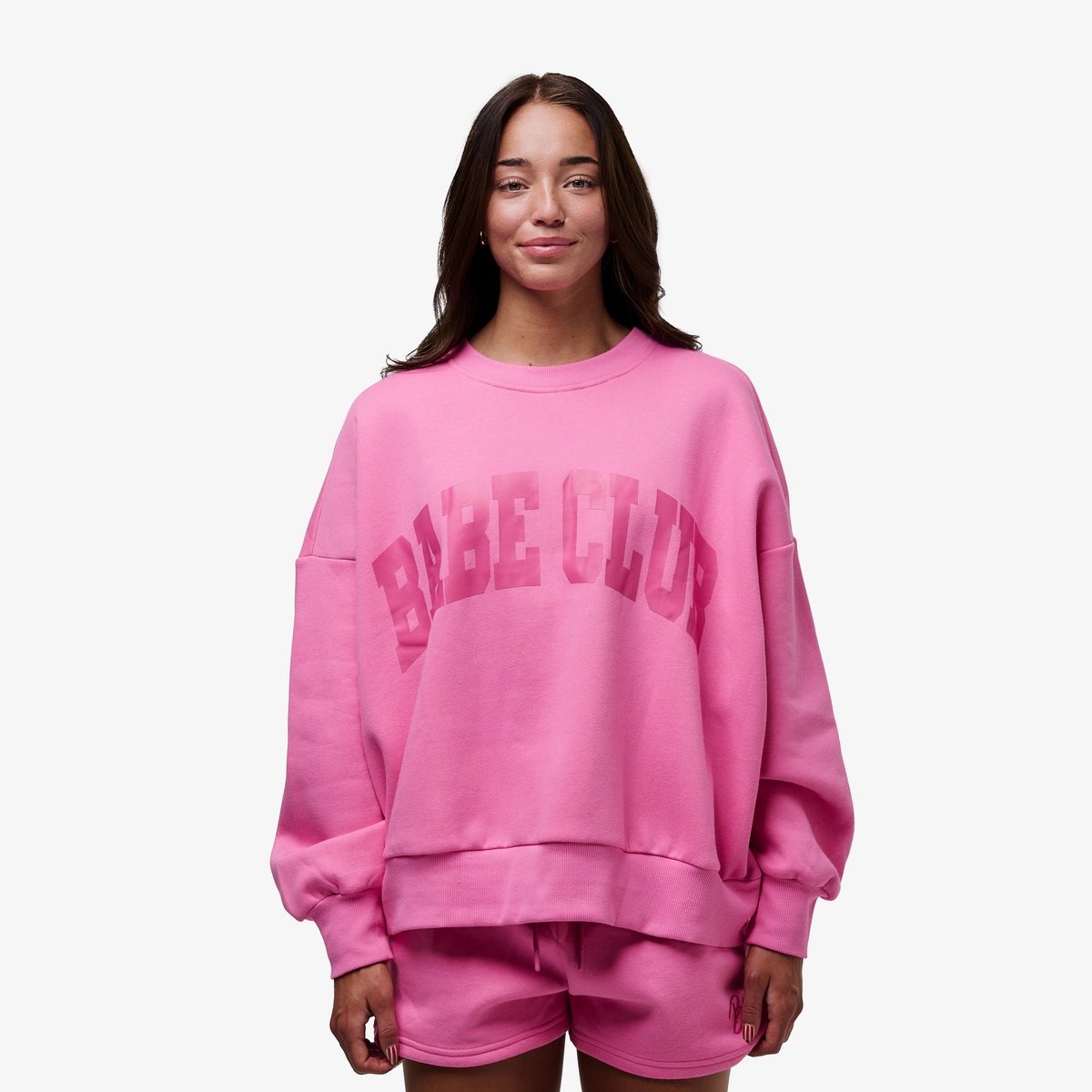 Babe Club Crewneck - Oversized Crewneck Sweater - Color - Neon Pink - Pink Logo