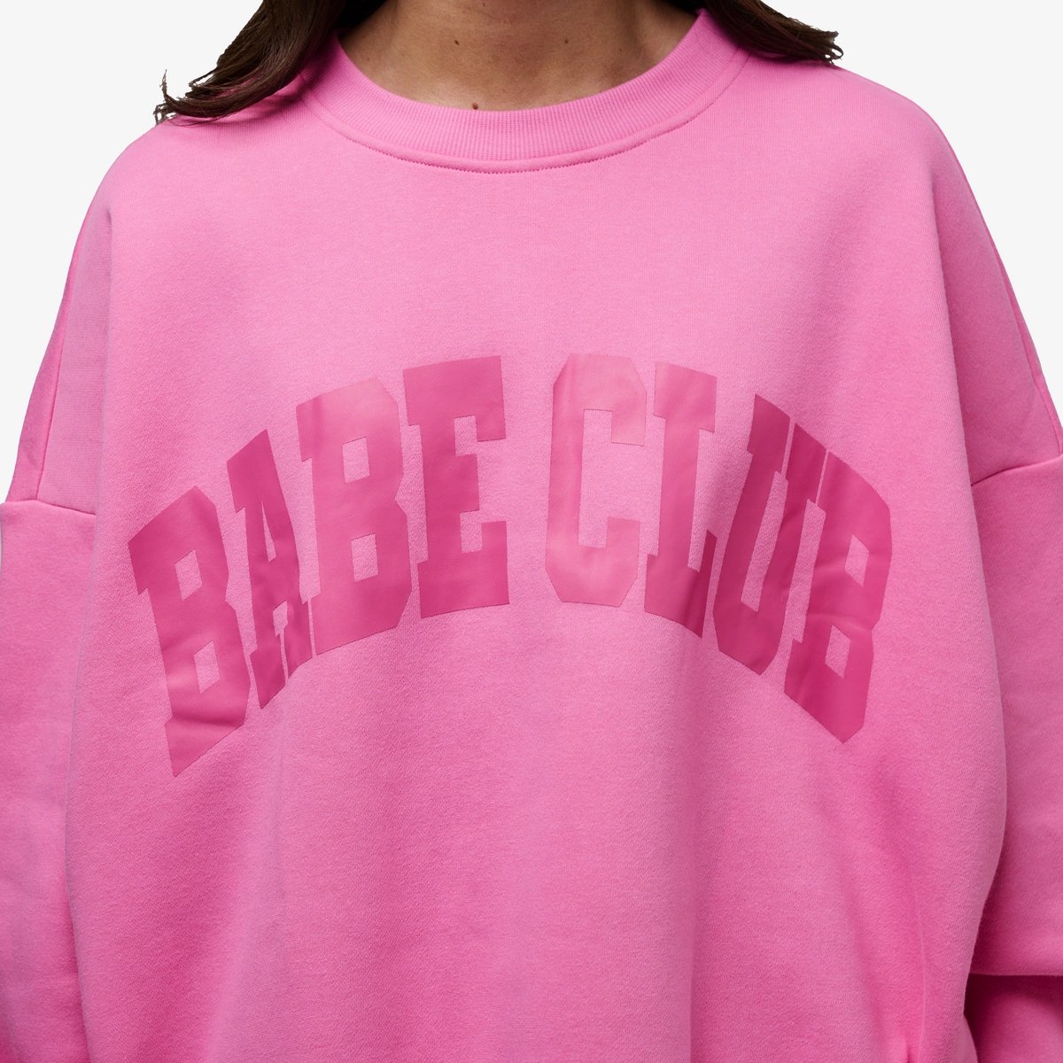 Image of Babe Club Crewneck - Oversized Crewneck Sweater - Color - Neon Pink - Pink Logo - 4 / 5