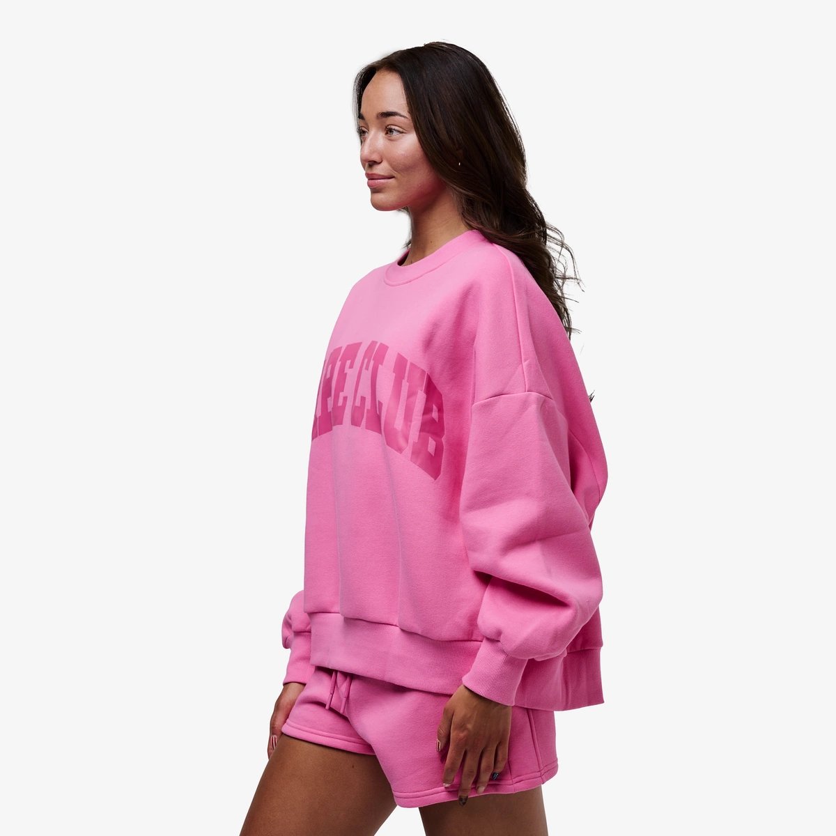 Image of Babe Club Crewneck - Oversized Crewneck Sweater - Color - Neon Pink - Pink Logo - 2 / 5