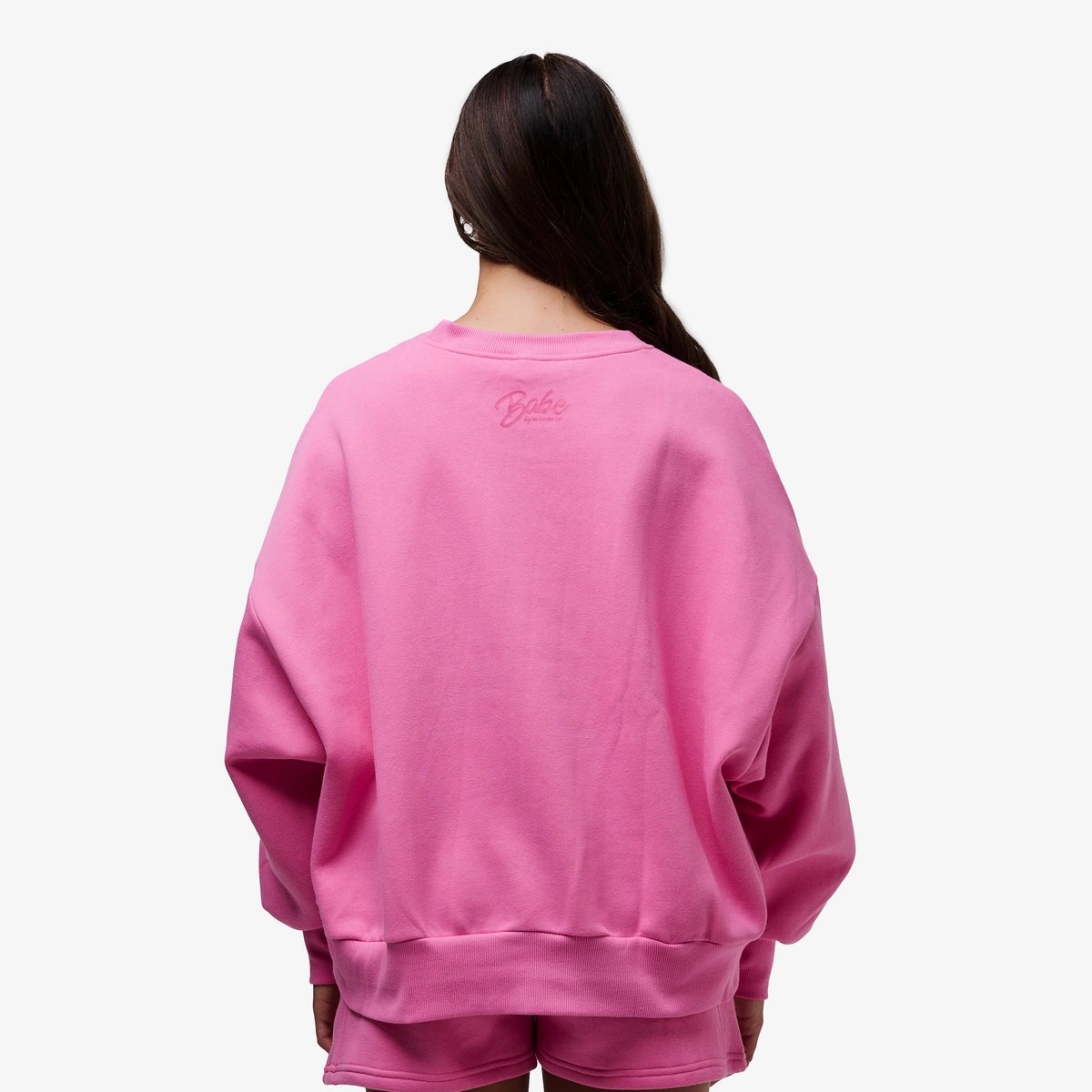 Image of Babe Club Crewneck - Oversized Crewneck Sweater - Color - Neon Pink - Pink Logo - 3 / 5