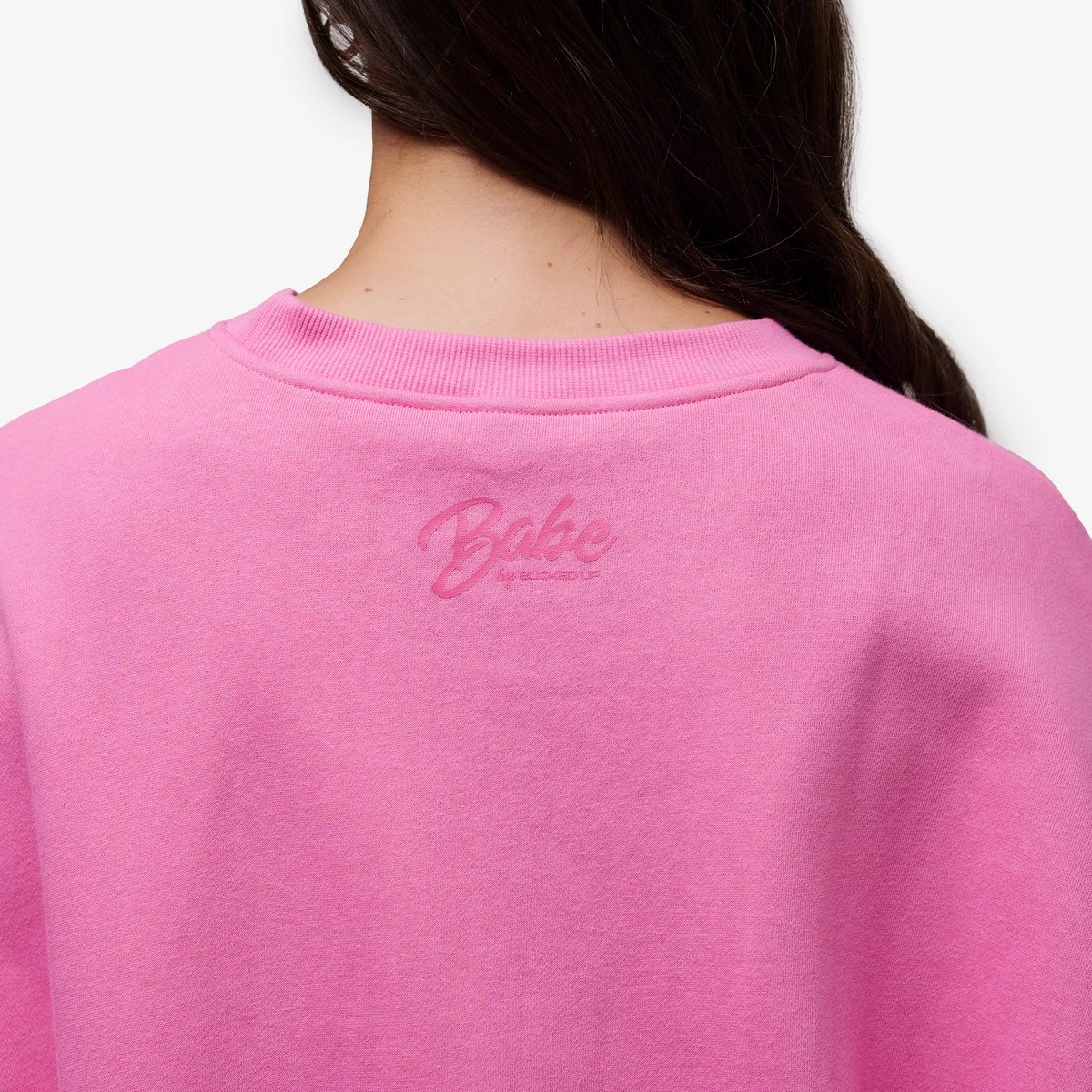 Image of Babe Club Crewneck - Oversized Crewneck Sweater - Color - Neon Pink - Pink Logo - 5 / 5