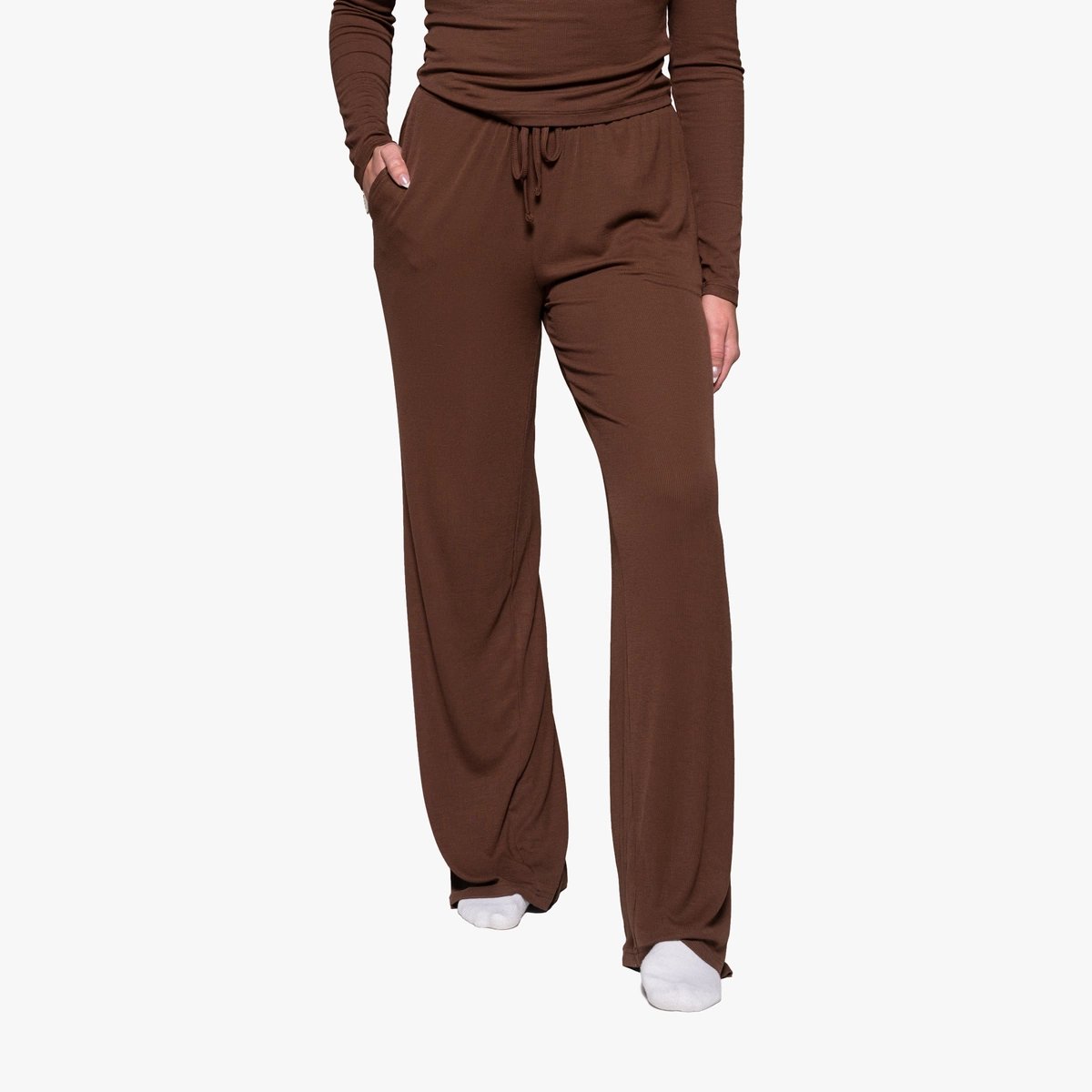 Image of Babe Ribbed Lounge Pants - Color - Brown - White Logo
