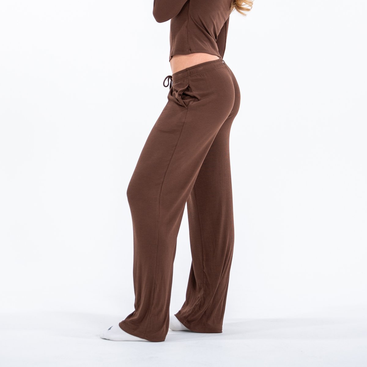 Image of Babe Ribbed Lounge Pants - Color - Brown - White Logo - 2 / 5
