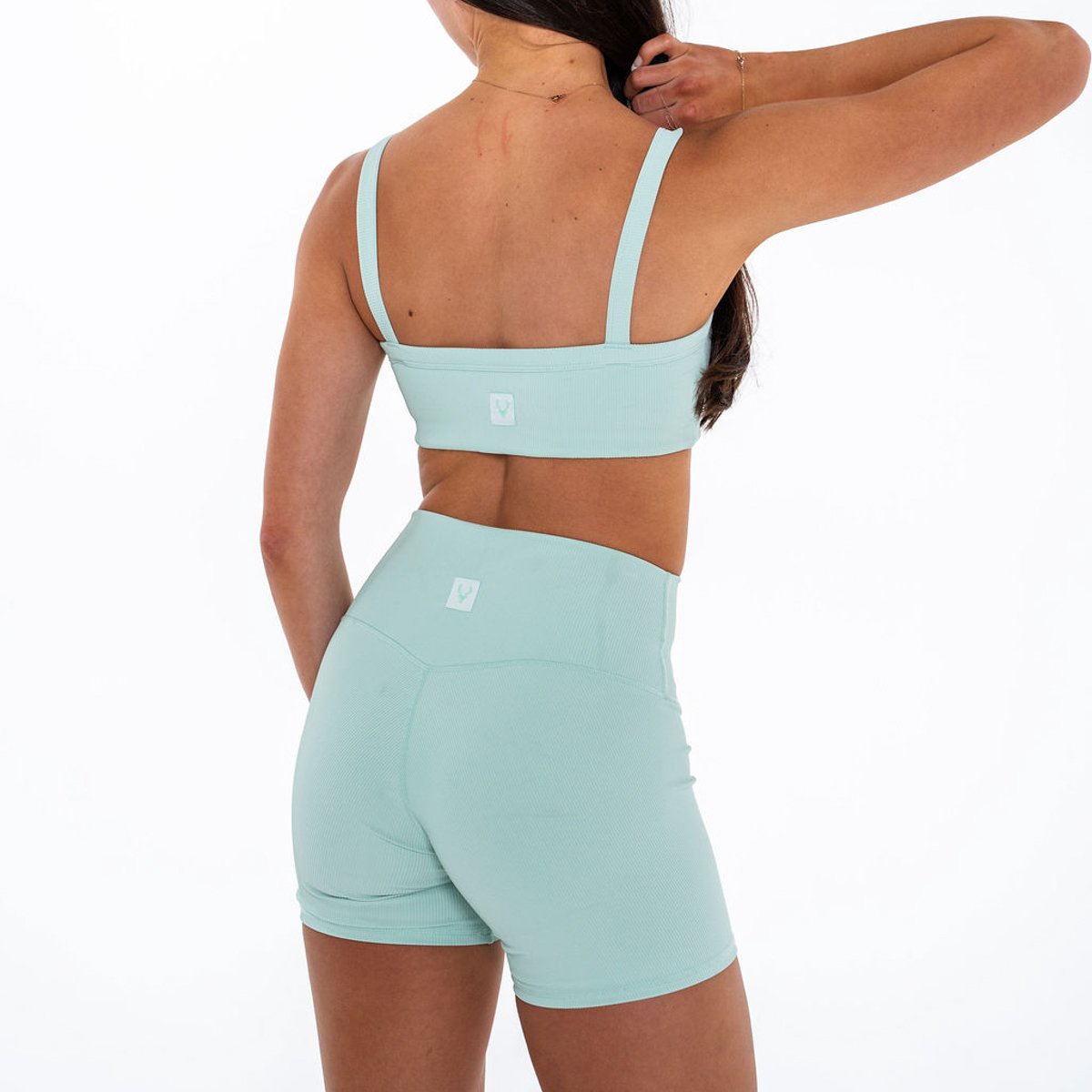 Image of Ribbed Sports Bra - Color - Seafoam Green - Green Logo
