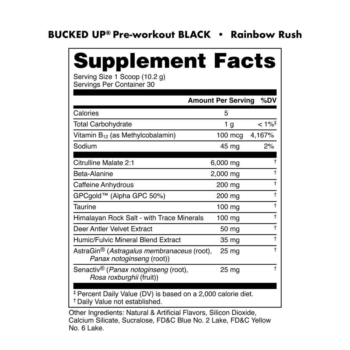Image of Bucked Up BLACK Pre-Workout - Flavor - Rainbow Rush (Peach-Strawberry-Kiwi)