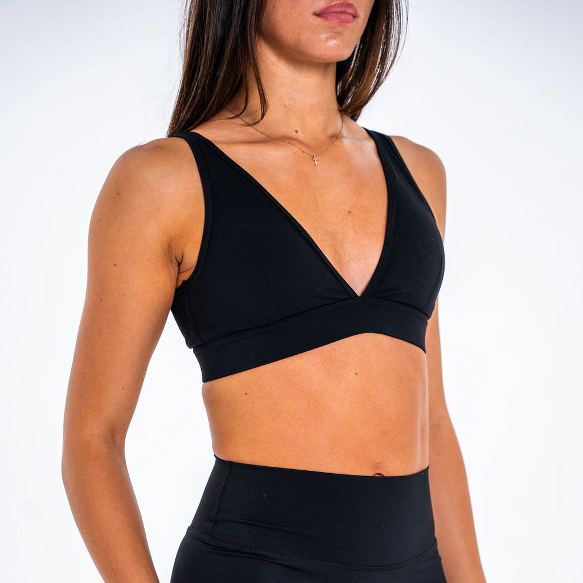 Image of Sculpt Plunge Sports Bra - Color - Black - Silver Logo