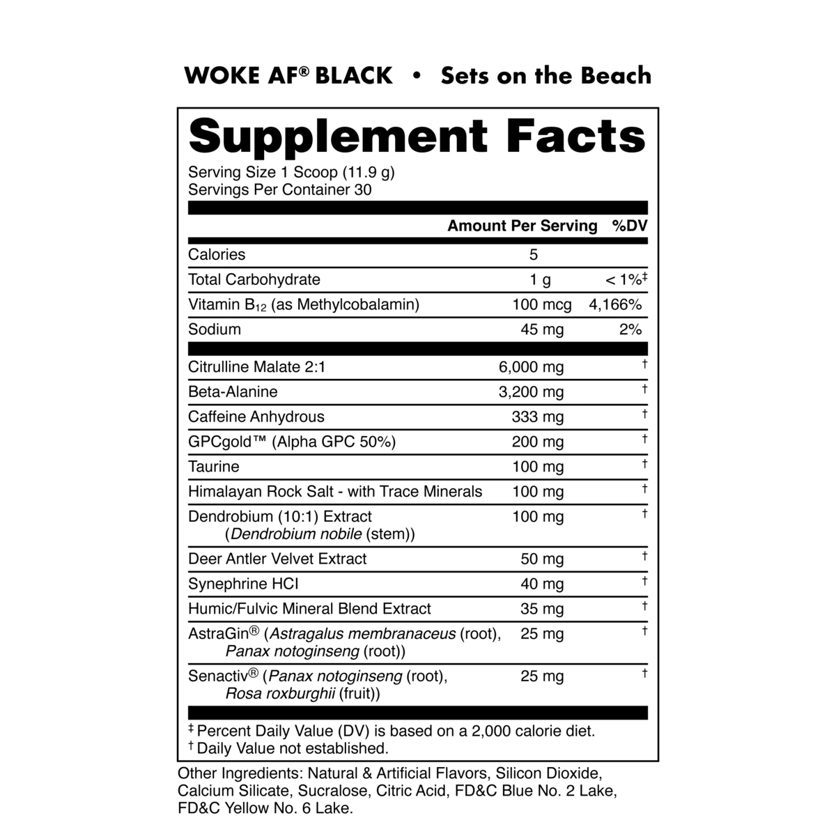 Image of WOKE AF BLACK - High Stimulant Pre-Workout - Flavor - Sets on the Beach