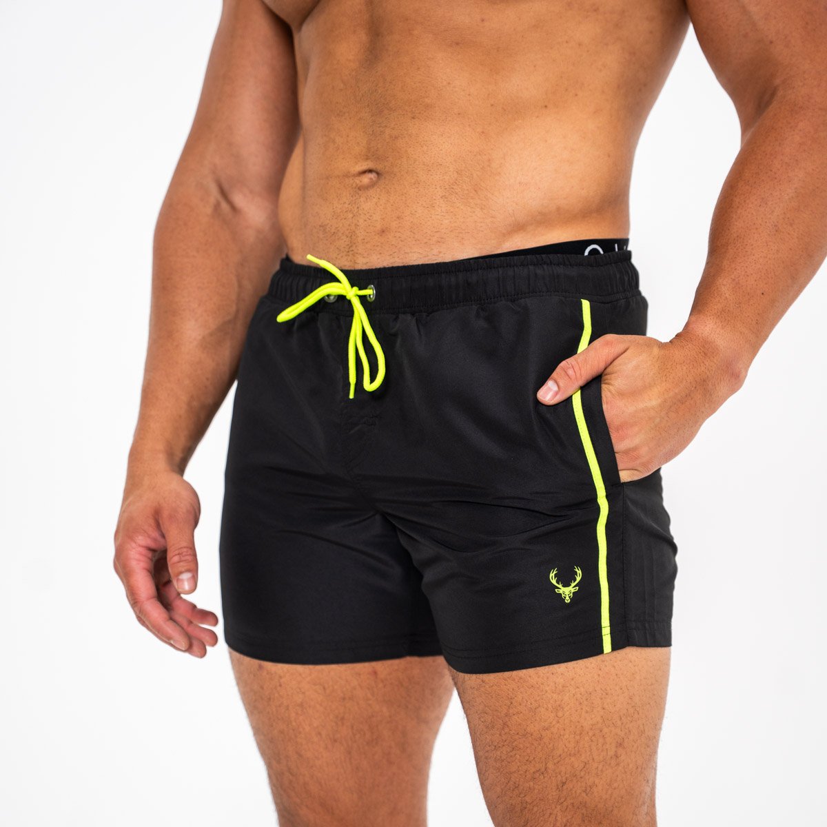 Image of Buck Swim Shorties - Color - Black - White Logo