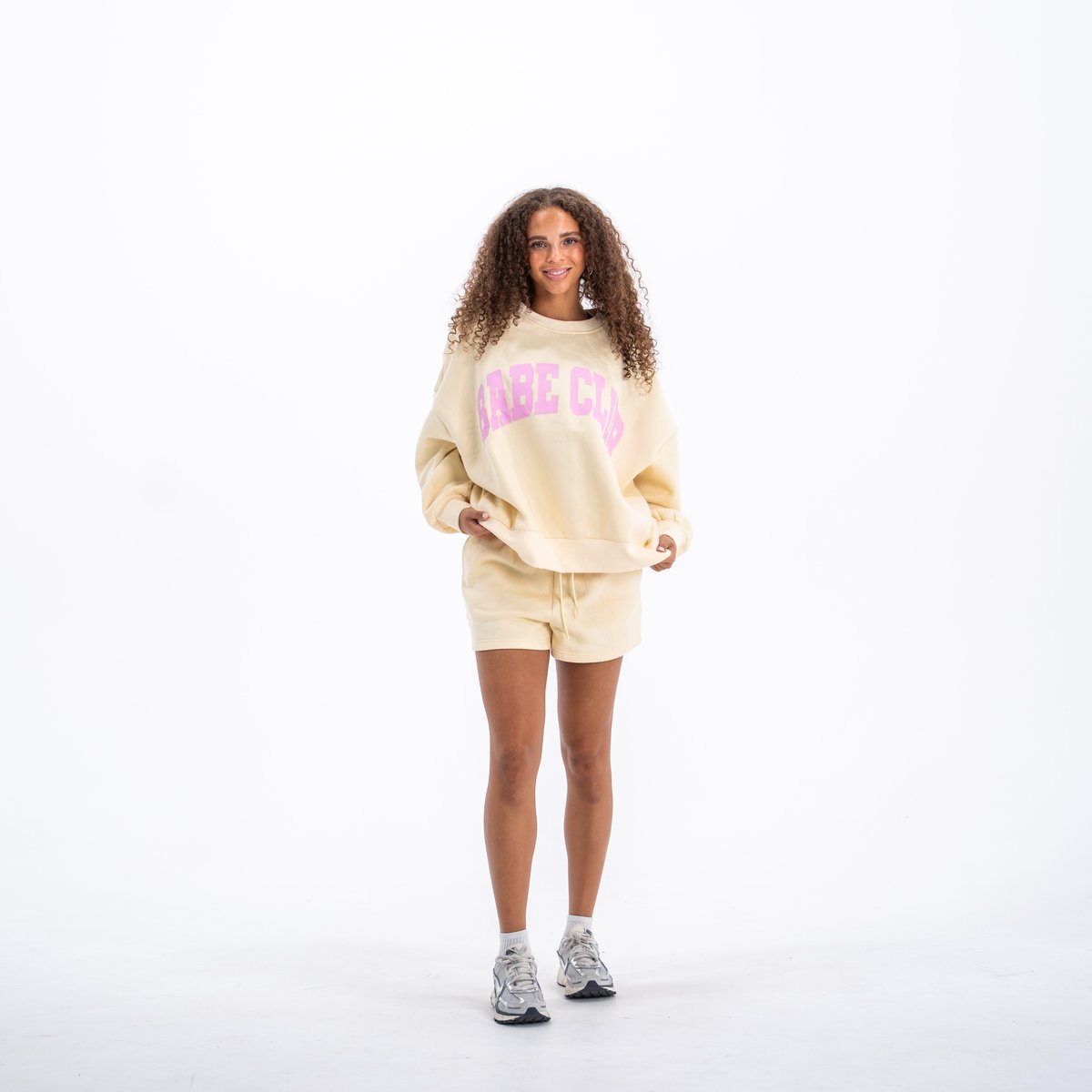 Image of Babe Club Crewneck - Oversized Crewneck Sweater - Color - Butter Yellow - Pink Logo - 2 / 5