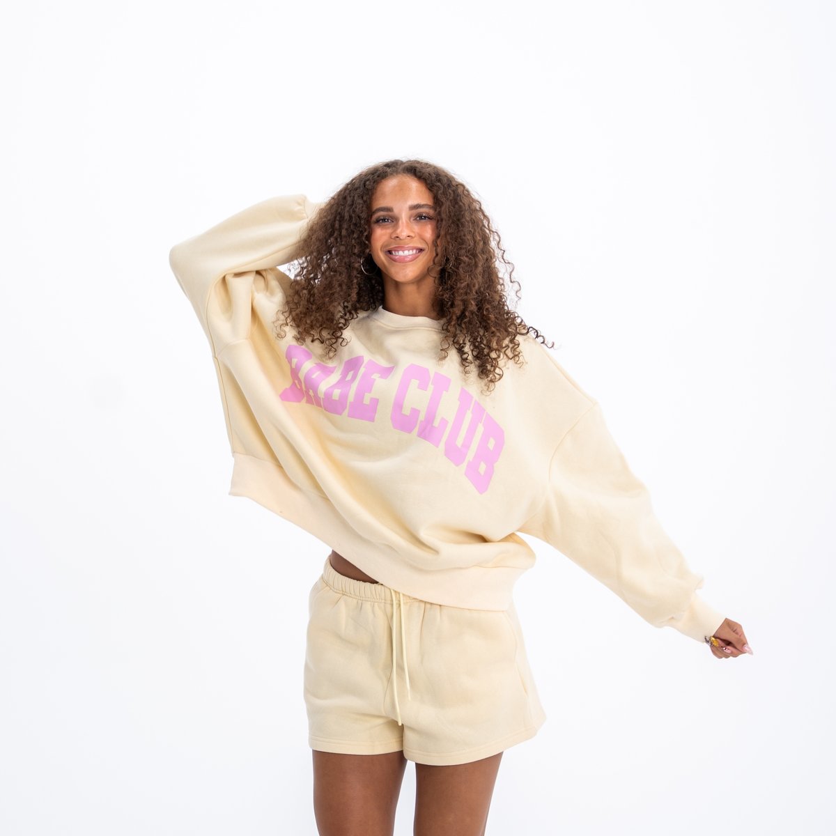 Babe Club Crewneck - Oversized Crewneck Sweater - Color - Butter Yellow - Pink Logo