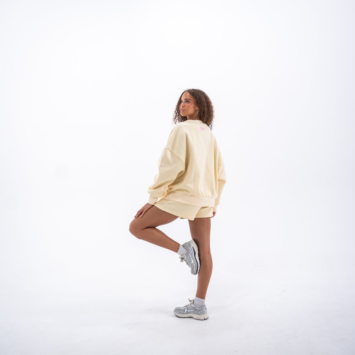 Image of Babe Club Crewneck - Oversized Crewneck Sweater - Color - Butter Yellow - Pink Logo - 5 / 5