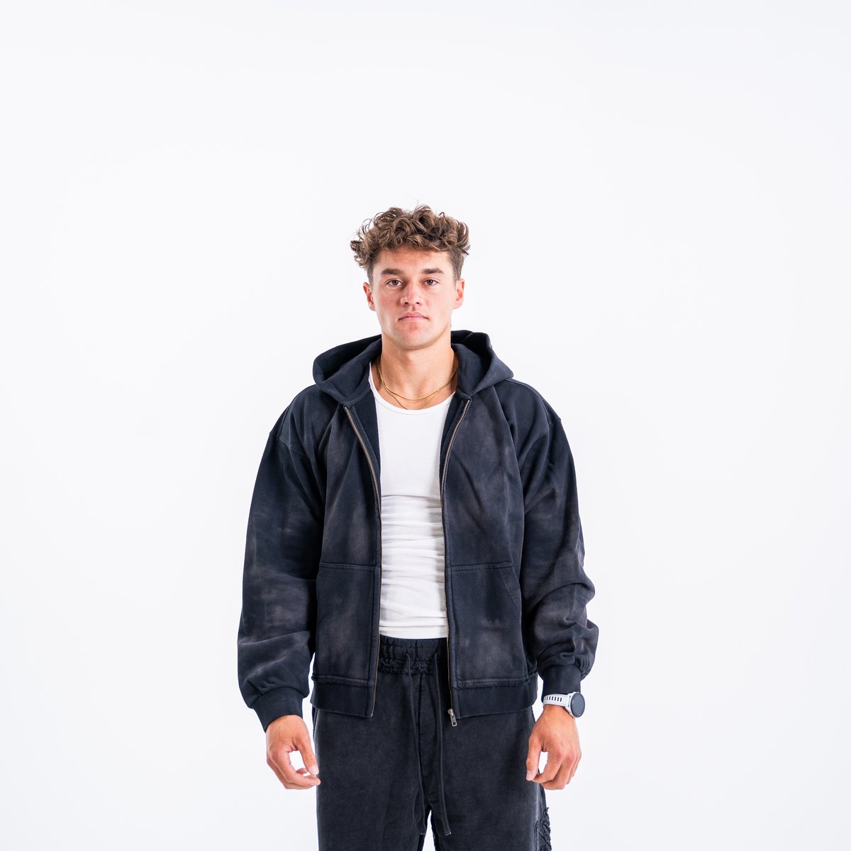 Image of Distress Zip Up Hoodie - Color - Black - Black Logo - 2 / 5