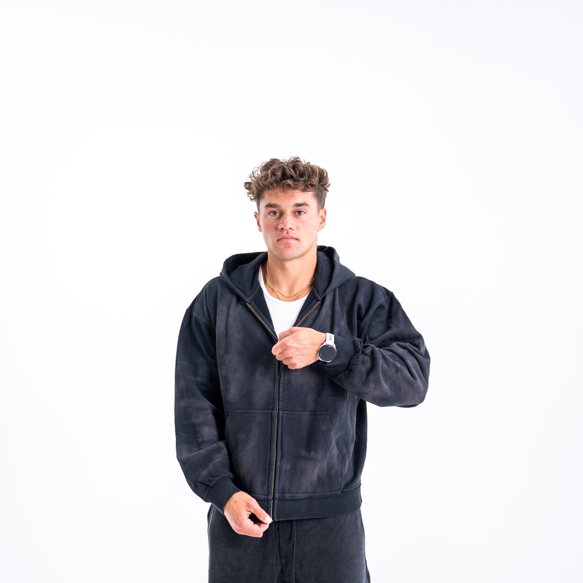 Image of Distress Zip Up Hoodie - Color - Black - Black Logo - 3 / 5