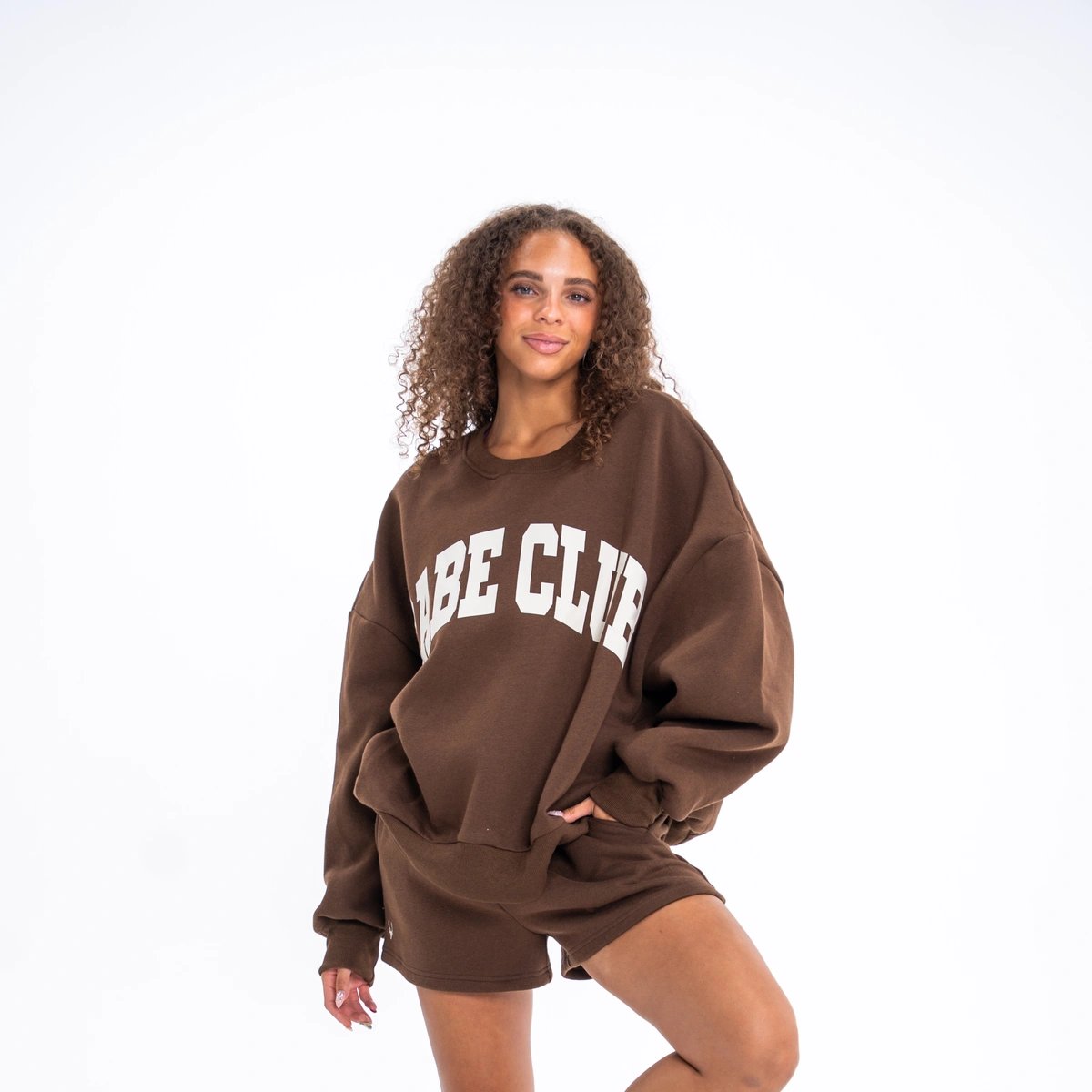 Image of Babe Club Crewneck - Oversized Crewneck Sweater - Color - Coffee - White - 2 / 6
