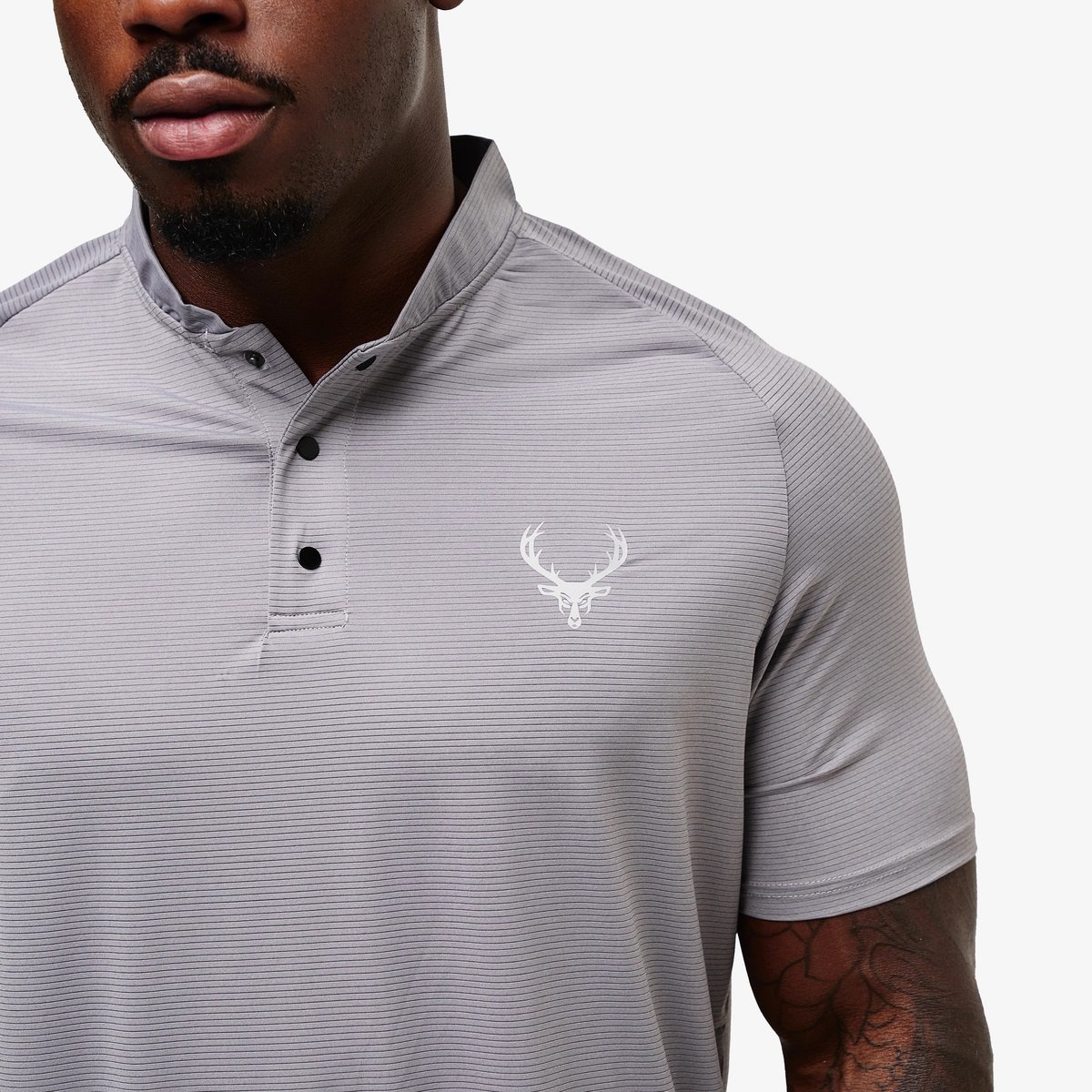 Image of Lined Golf Mock Polo - Color - Lt. Gray / Black Logo - 4 / 8