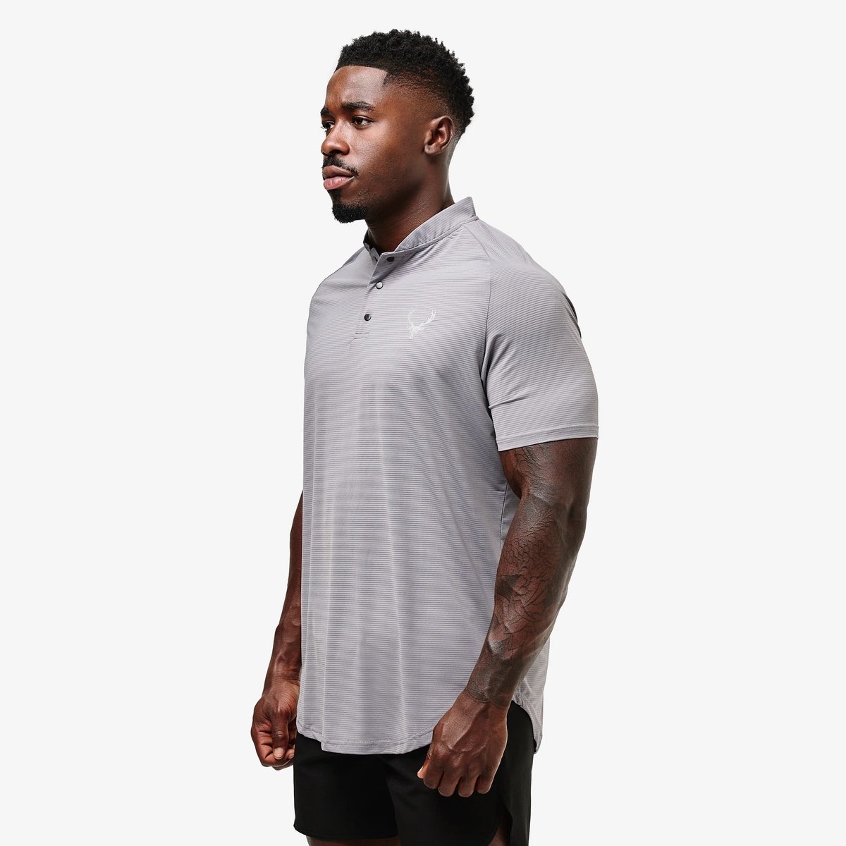 Image of Lined Golf Mock Polo - Color - Lt. Gray / Black Logo - 2 / 8