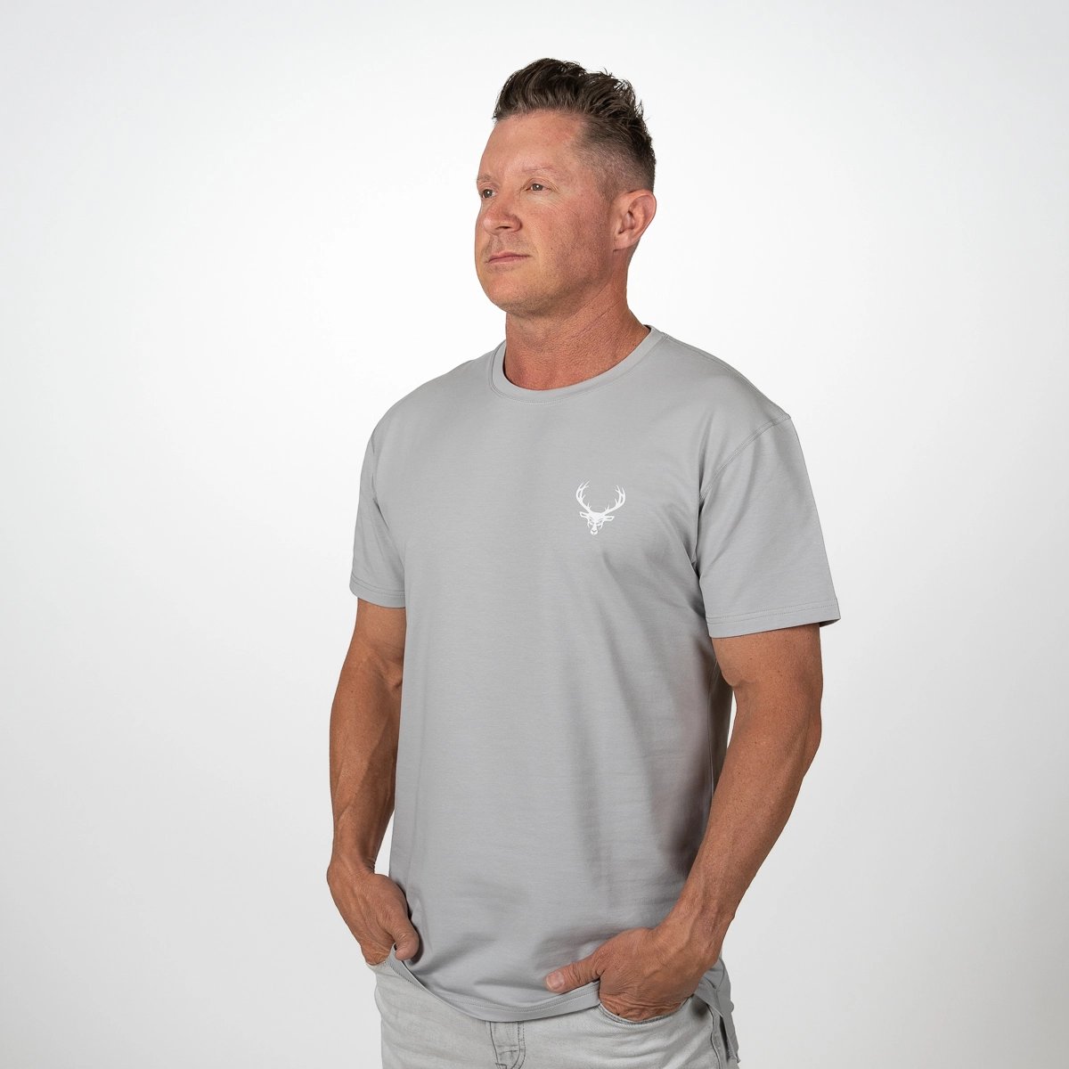 Image of Men's Luxe T-Shirt - Color - Cement Gray - White Logo