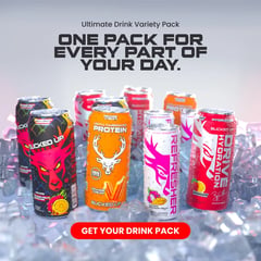 Bucked Up new drops mobile banner showing four Protein Popcorn bags in Jalapeño Cheddar, Garlic Parmesan, Kettle Corn, and White Cheddar flavors displayed on red pedestals with a Bucked Up Energy Cotton Candy can, cotton candy props, and a See the New Fla