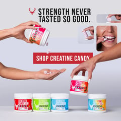 Bucked Up Creatine Candy chewable creatine monohydrate supplements available in four flavors including Cherry, Green Apple, Blue Raspberry, and Strawberry Mango