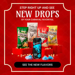 Bucked Up new drops mobile banner showing four Protein Popcorn bags in Jalapeño Cheddar, Garlic Parmesan, Kettle Corn, and White Cheddar flavors displayed on red pedestals with a Bucked Up Energy Cotton Candy can, cotton candy props, and a See the New Fla