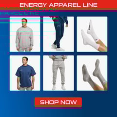 Text reads "Energy Apparel Line" Button Reads "Shop Now"