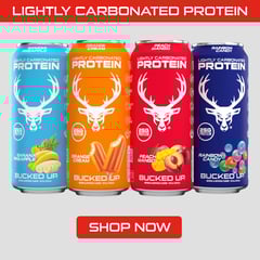 Text Reads "Lightly Carbonated Protein Drinks" Button Reads "Shop Now"