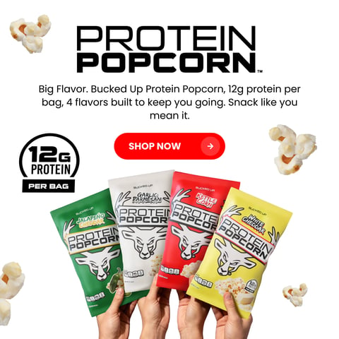 Bucked Up Protein Popcorn lineup: Jalapeno Cheddar, Garlic Parmesan, Kettle Corn, and White Cheddar, 12g protein per bag