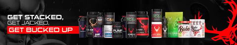 Stacks Banner, Text Reads "Get Stacked, Get Jacked, Get Bucked Up" Image shows: shaker bottle, buck feed protein, Bamf pre workout, Rut, original BCAA, Creatine Monohydrate, Pump-Ocalypse, Bucked Up pre workout and all natural protein, with musc
