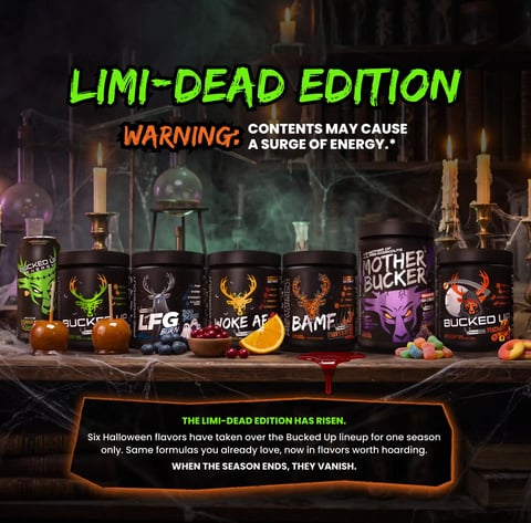 Bucked Up Limi-Dead Edition Halloween supplement lineup featuring LFG Burn, Woke AF, BAMF, Mother Bucker, and Franken Juice flavors on spooky lab table