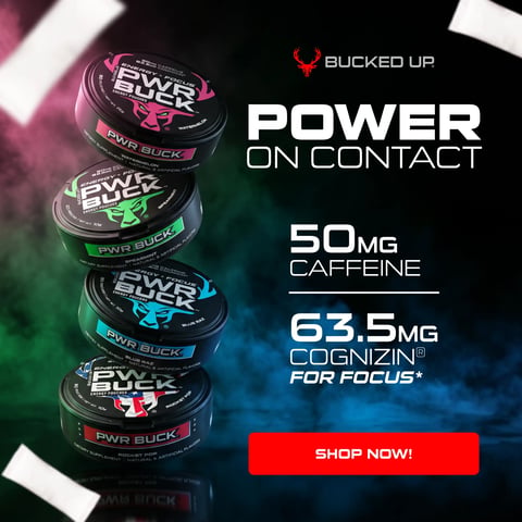 PWR Buck energy pouches deliver 50mg of caffeine and Cognizin to help support focus* in every pouch.