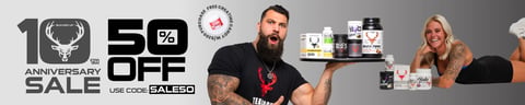 Bucked Up 10th Anniversary Sale 50% off code 500FF, free creatine candy with $200 purchase, featuring Bucked Up Stacks.