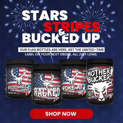 Limited-edition flag label supplements in Rocket Pop flavor: Pre-Workout, Racked BCAA, Woke AF, and Mother Bucker