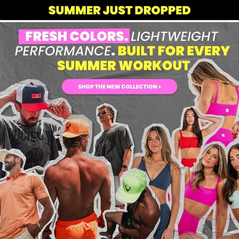 Bucked Up summer apparel collection: men and women modeling lightweight performance workout gear in bright summer colors including orange, pink, red, and blue, with text reading Fresh Colors. Lightweight Performance. Built For Every Summer Workout.
